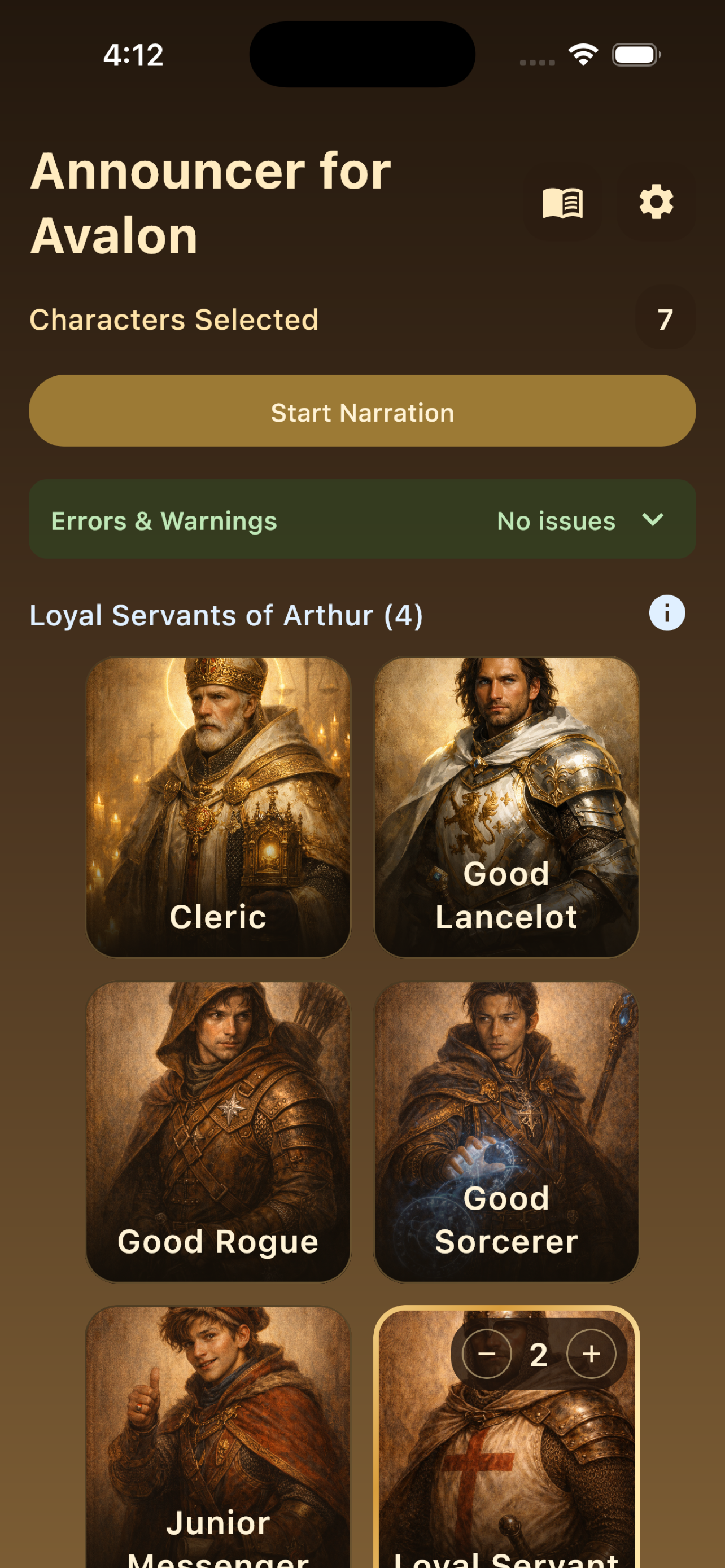 Announcer for Avalon setup screen with character selection