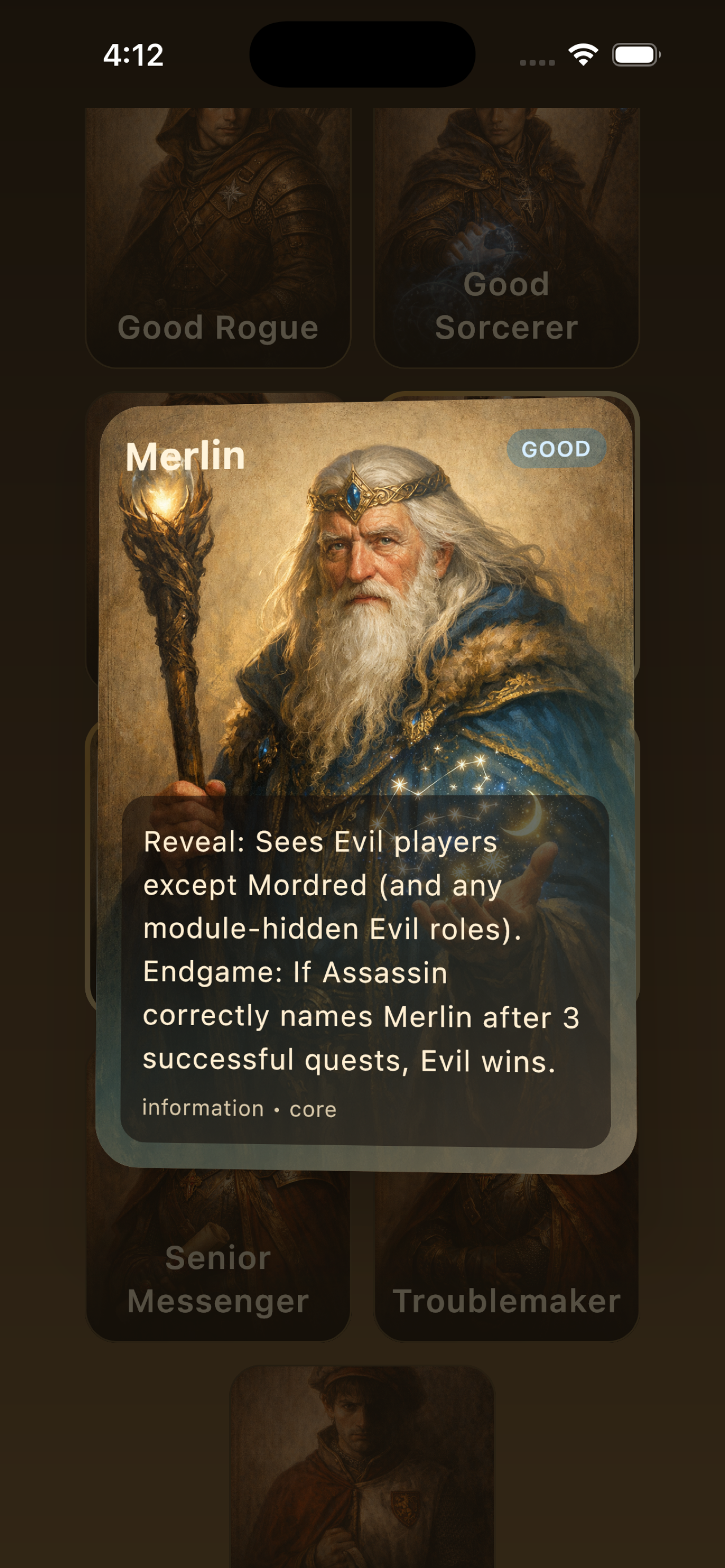 Announcer for Avalon iPhone role preview overlay for Merlin