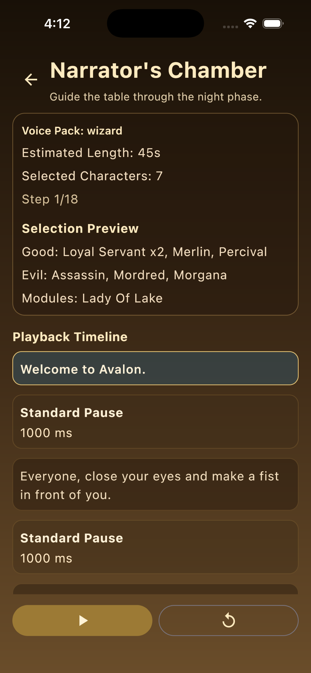 Announcer for Avalon iPhone narrator chamber playback timeline