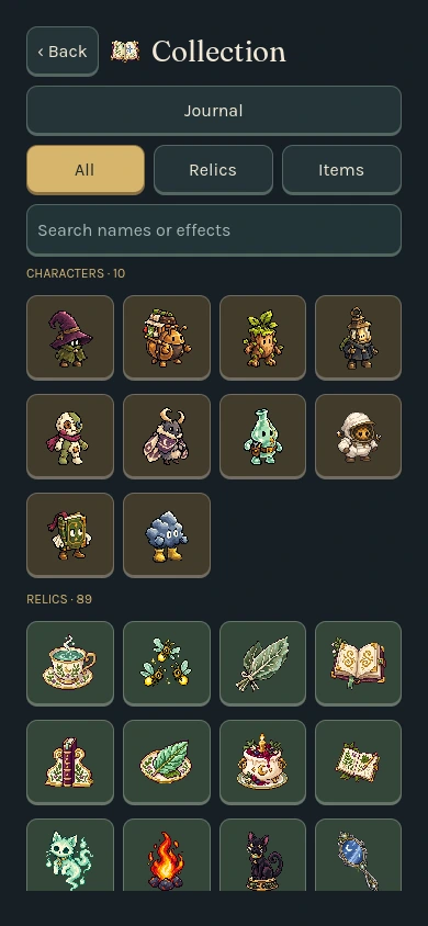 The searchable collection of characters and relics