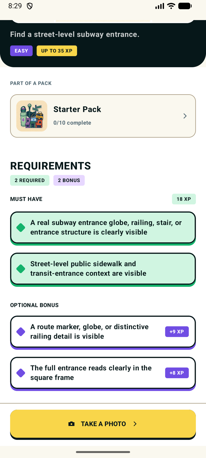 The Subway entrance quest showing two required criteria and two optional bonus criteria