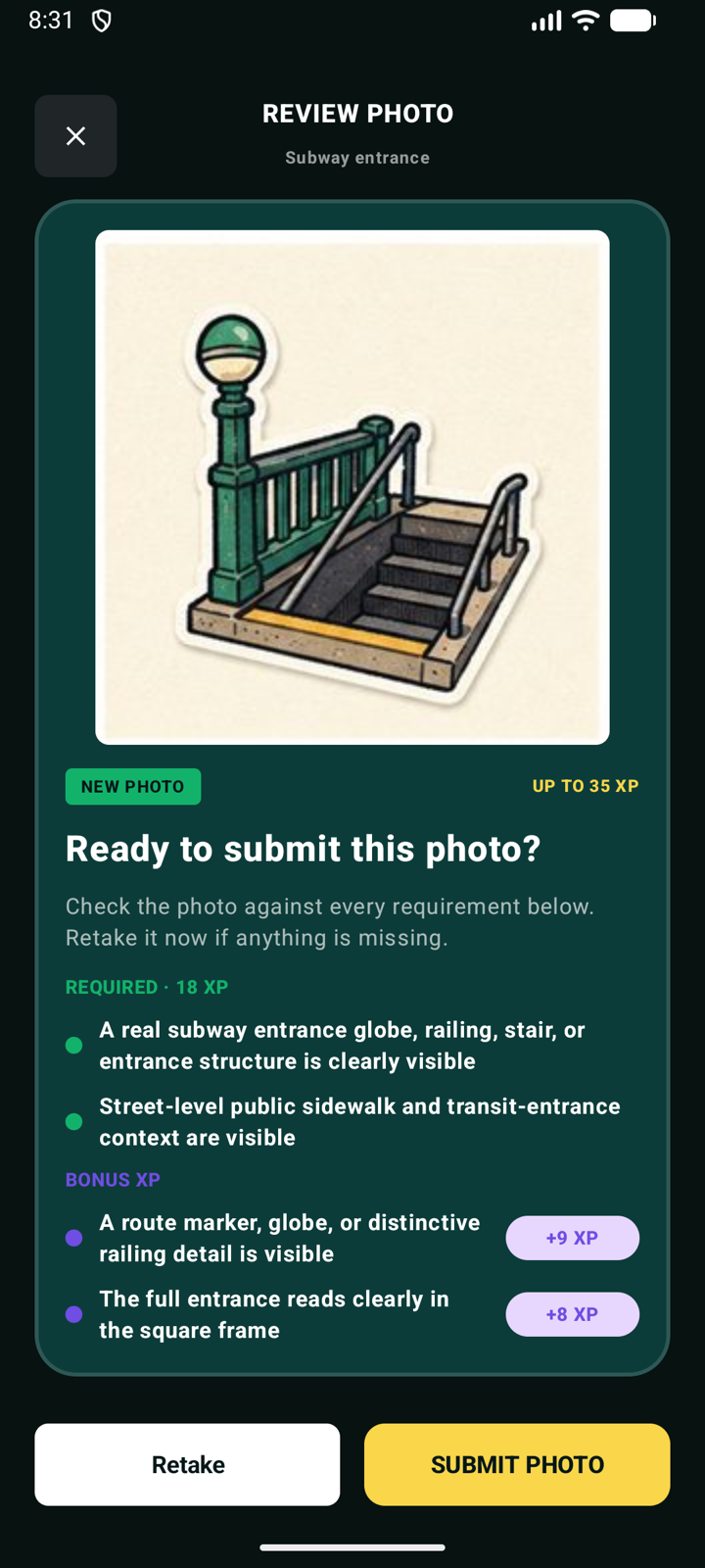 The photo review screen showing a subway entrance image and the Submit photo button