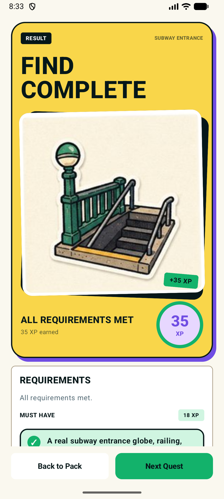 The result screen confirming all requirements were met and awarding 35 XP