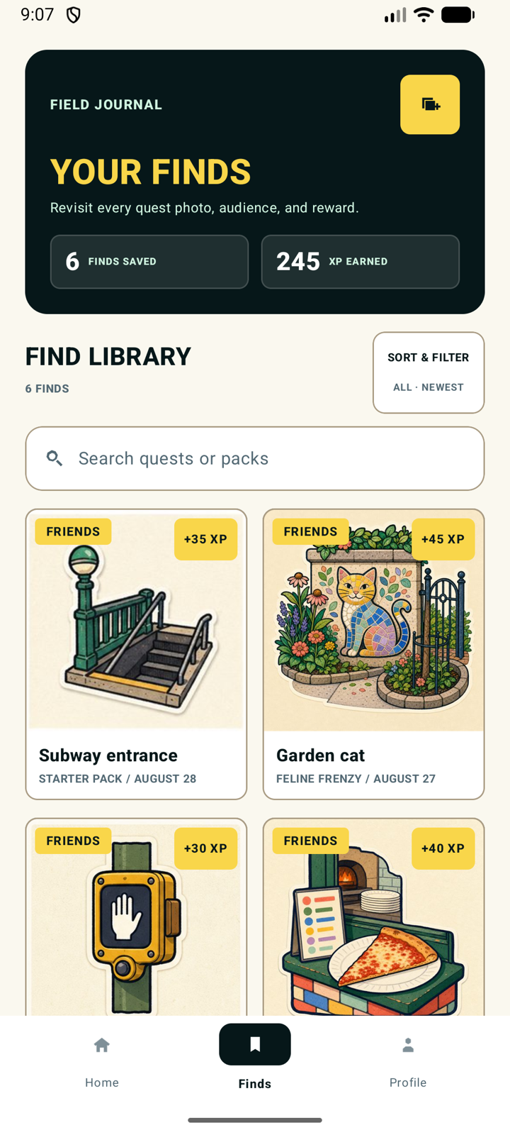 A populated Sidequests Field Journal showing six captured finds and earned XP