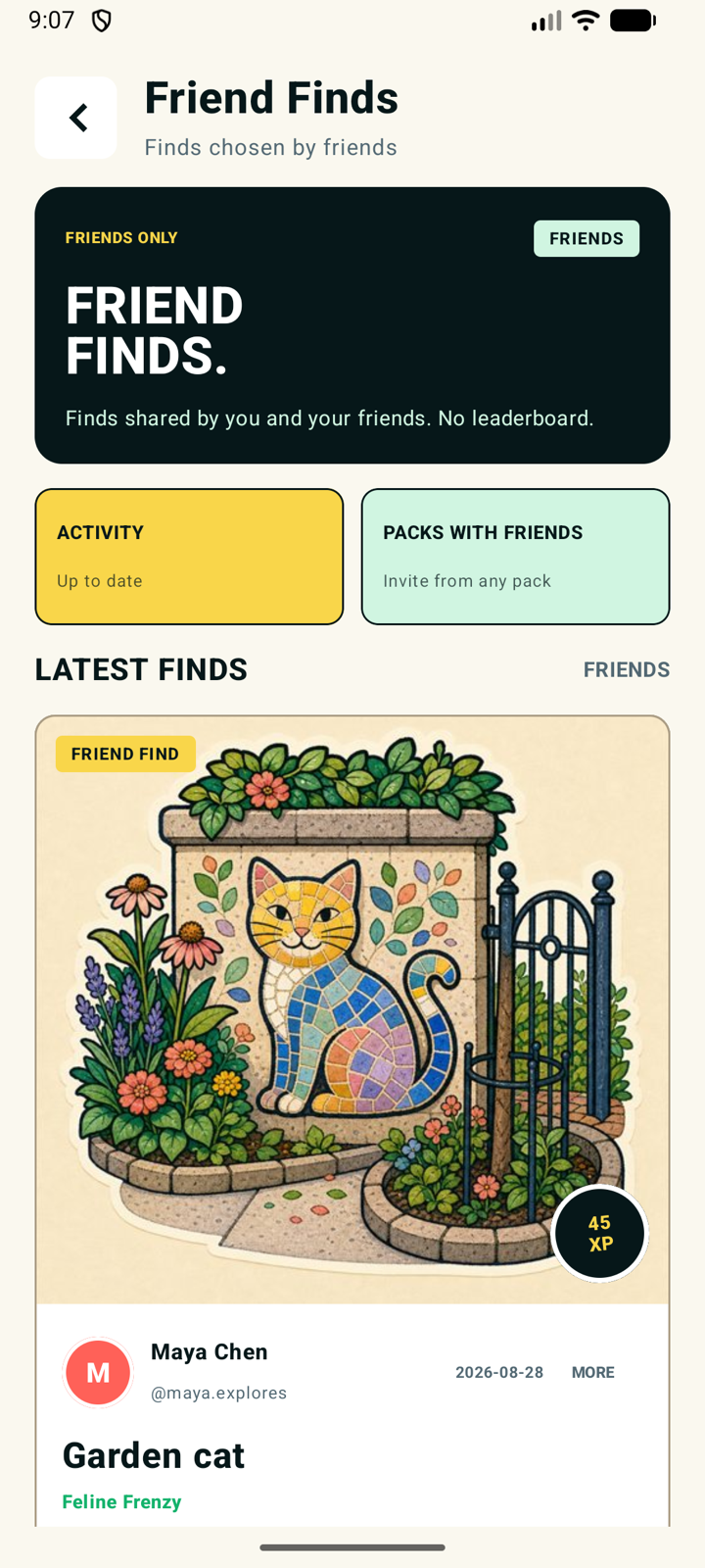 The Sidequests Friend Finds feed showing a garden cat shared by a friend